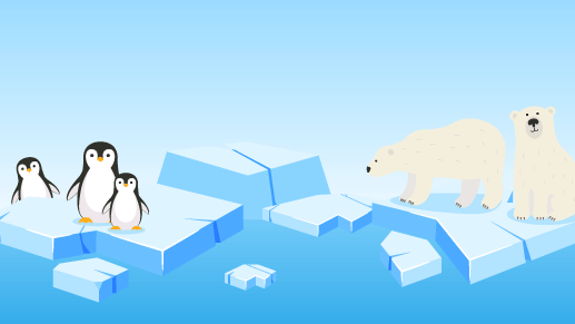 Illustration Eisbären und Pinguine auf Eisschollen